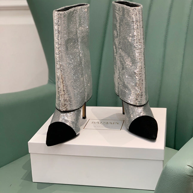 BALMAIN 26S BOOTS 105 MM IN SILVER GLITTER AND BLACK SUEDE