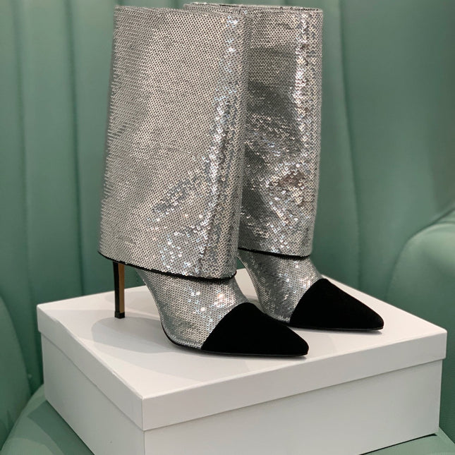 BALMAIN 26S BOOTS 105 MM IN SILVER GLITTER AND BLACK SUEDE