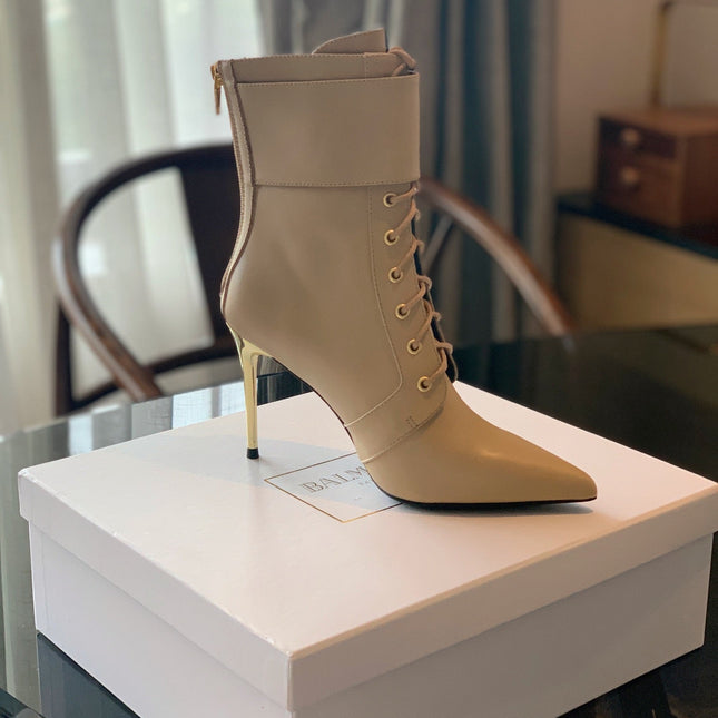 BALMAIN 26S LACE-UP ANKLE BOOTS 105 MM IN BEIGE CALFSKIN