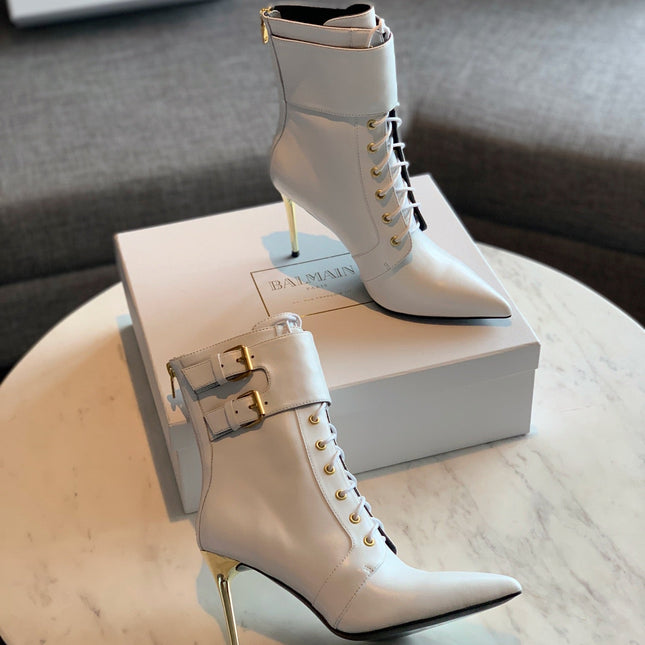 BALMAIN 26S LACE-UP ANKLE BOOTS 105 MM IN WHITE CALFSKIN