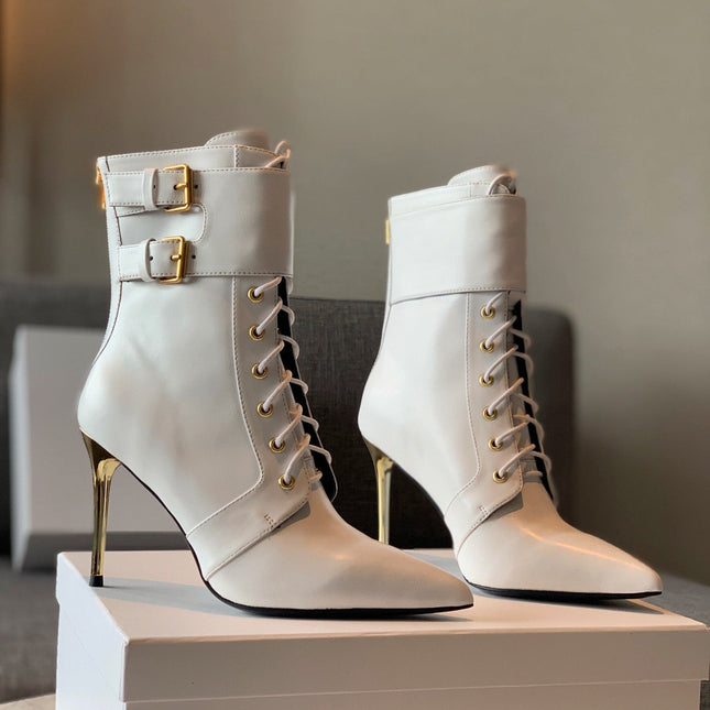 BALMAIN 26S LACE-UP ANKLE BOOTS 105 MM IN WHITE CALFSKIN