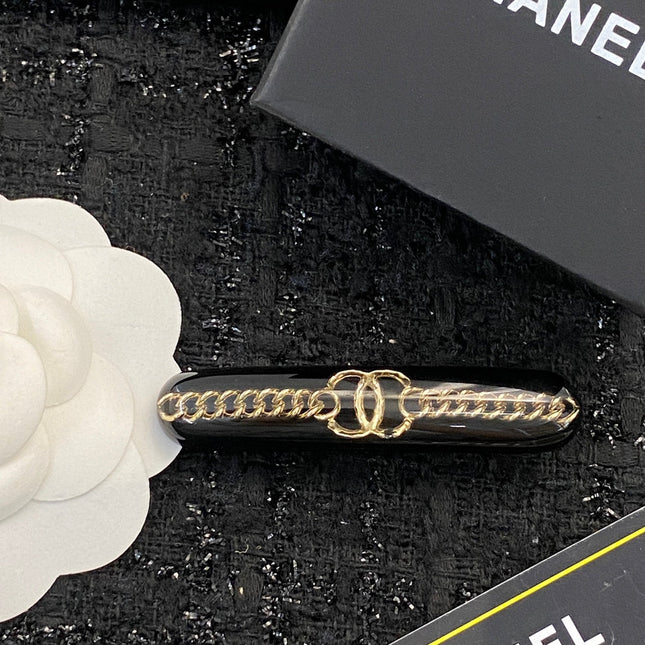 CHANEL 26S DOUBLE C LOGO CHAIN BAR HAIR CLIP IN BLACK RESIN & GOLD METAL 629928