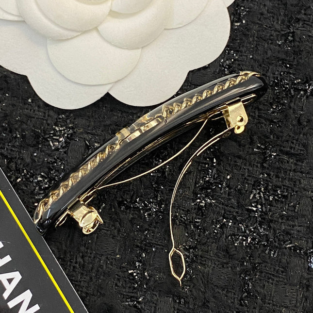 CHANEL 26S DOUBLE C LOGO CHAIN BAR HAIR CLIP IN BLACK RESIN & GOLD METAL 629928