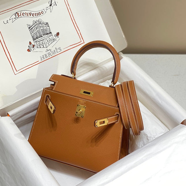KELLY MINI 20 BAG IN BRONZE BROWN CALFSKIN WITH GOLD HARDWARE