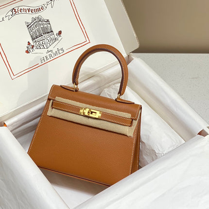KELLY MINI 20 BAG IN BRONZE BROWN CALFSKIN WITH GOLD HARDWARE