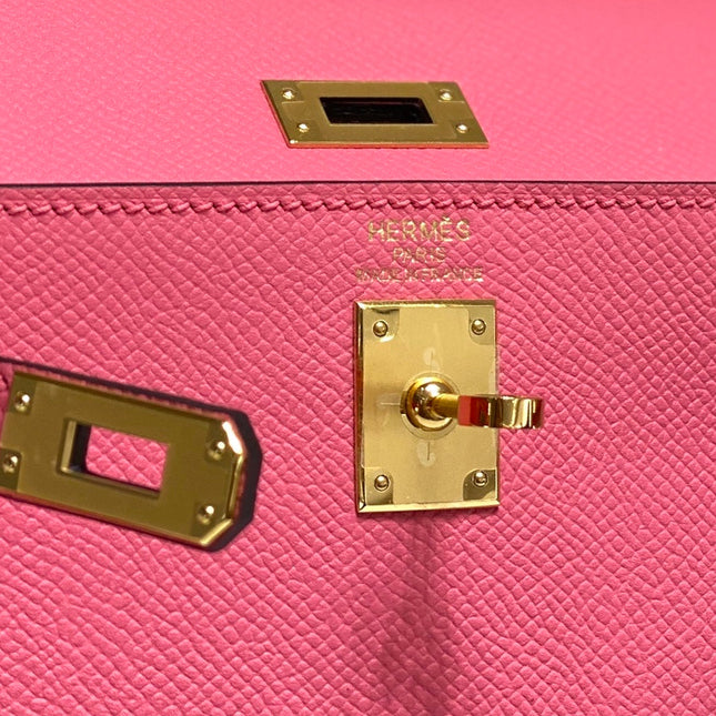 KELLY MINI 20 BAG IN WATERMELON PINK CALFSKIN WITH GOLD HARDWARE
