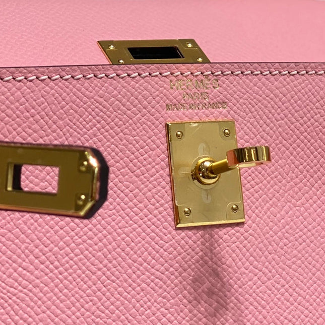 KELLY MINI 20 BAG IN ROUGE PINK CALFSKIN WITH GOLD HARDWARE