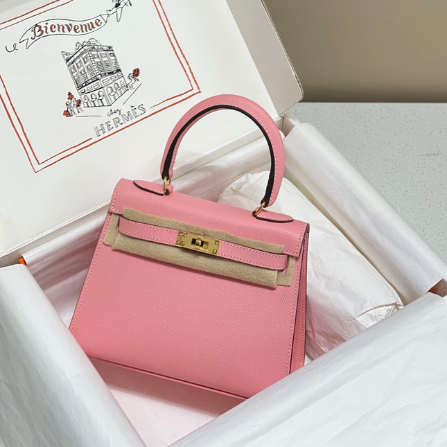 KELLY MINI 20 BAG IN ROUGE PINK CALFSKIN WITH GOLD HARDWARE