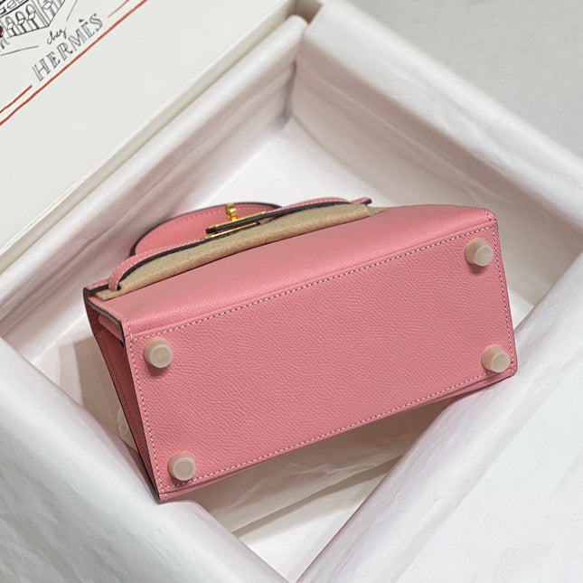 KELLY MINI 20 BAG IN ROUGE PINK CALFSKIN WITH GOLD HARDWARE