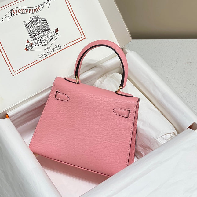KELLY MINI 20 BAG IN ROUGE PINK CALFSKIN WITH GOLD HARDWARE