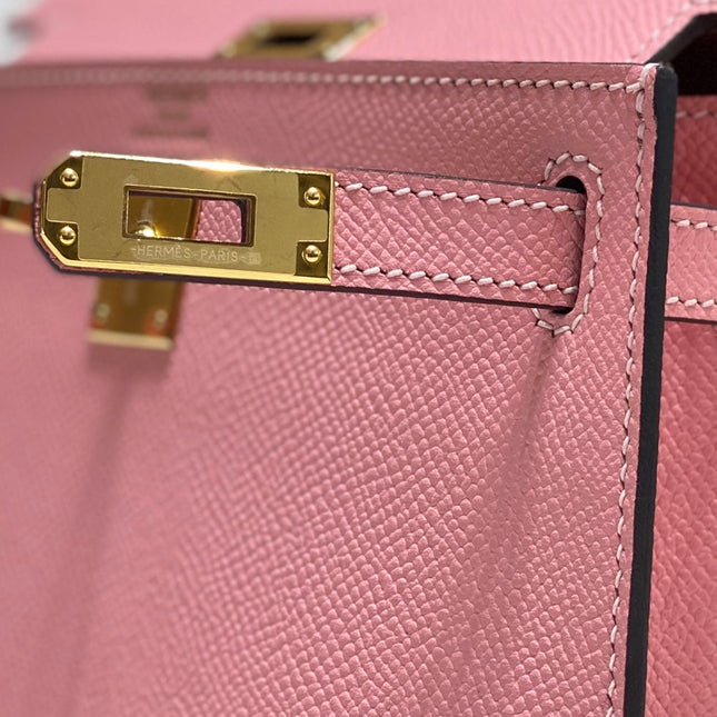 KELLY MINI 20 BAG IN ROUGE PINK CALFSKIN WITH GOLD HARDWARE