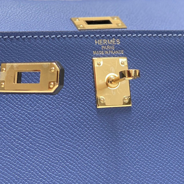 KELLY MINI 20 BAG IN AZURE BLUE CALFSKIN WITH GOLD HARDWARE