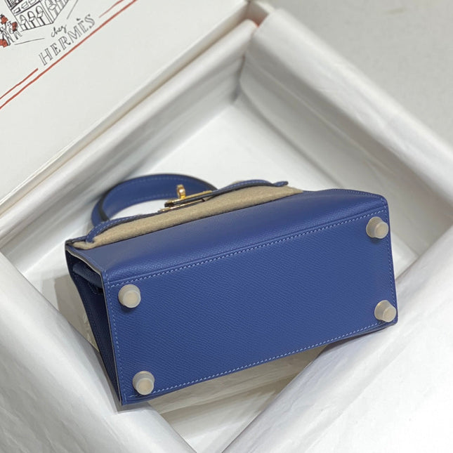 KELLY MINI 20 BAG IN AZURE BLUE CALFSKIN WITH GOLD HARDWARE