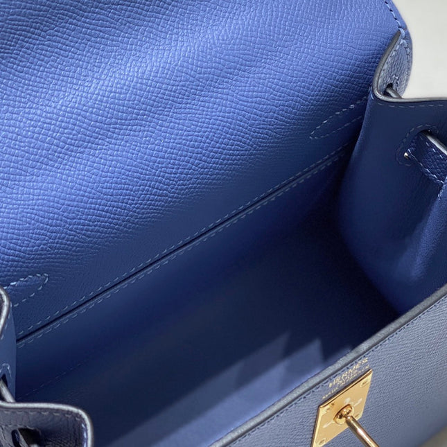 KELLY MINI 20 BAG IN AZURE BLUE CALFSKIN WITH GOLD HARDWARE