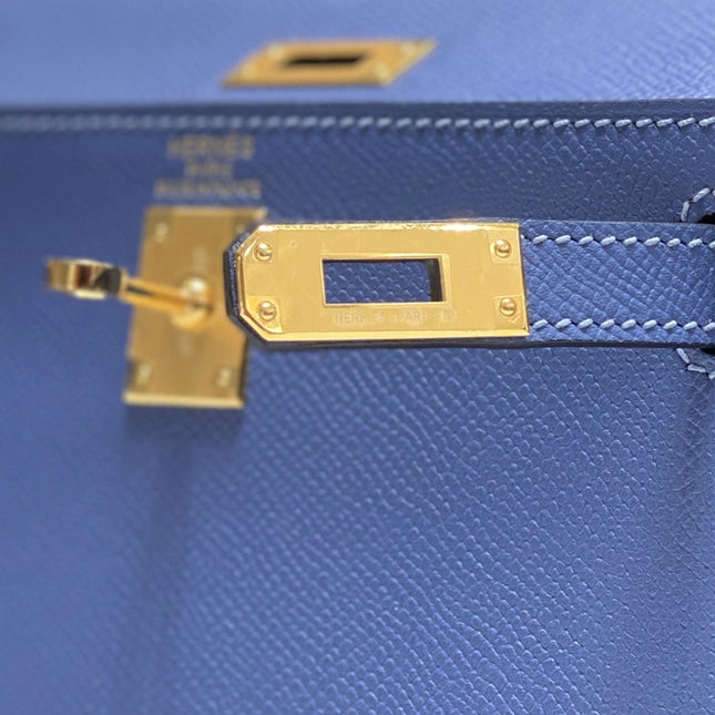 KELLY MINI 20 BAG IN AZURE BLUE CALFSKIN WITH GOLD HARDWARE