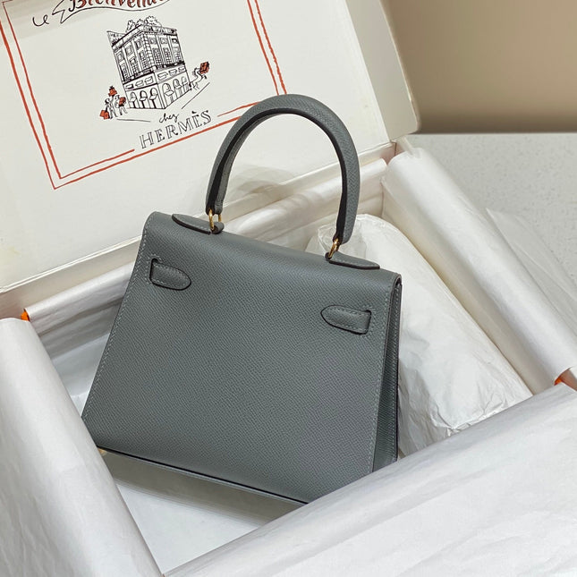 KELLY MINI 20 BAG IN SHARK GRAY CALFSKIN WITH GOLD HARDWARE