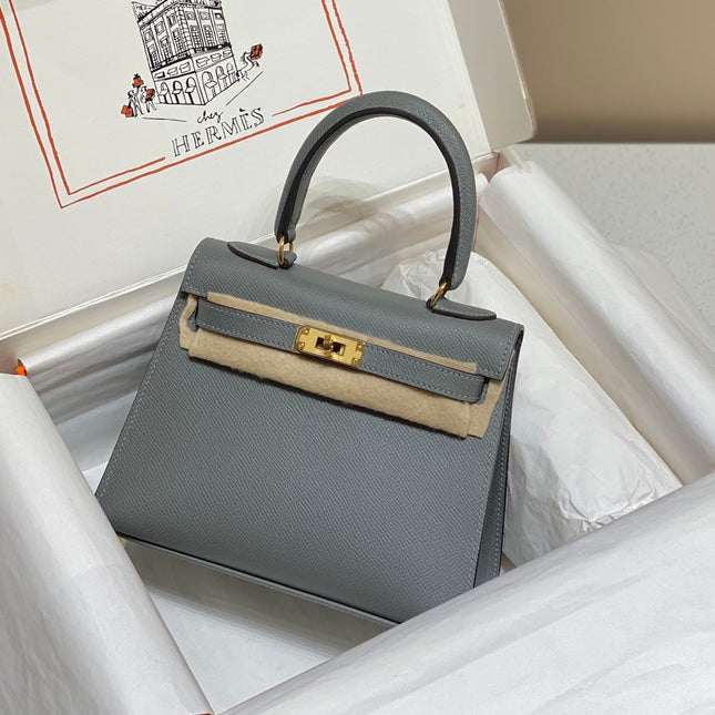 KELLY MINI 20 BAG IN SHARK GRAY CALFSKIN WITH GOLD HARDWARE