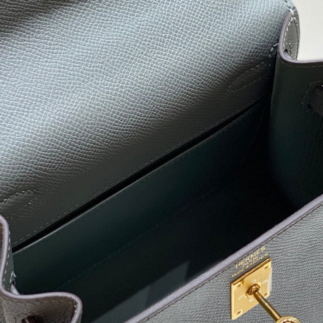 KELLY MINI 20 BAG IN SHARK GRAY CALFSKIN WITH GOLD HARDWARE