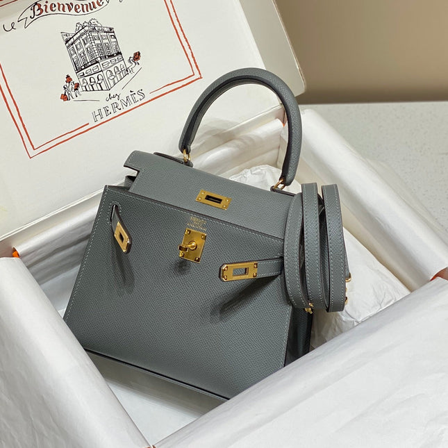 KELLY MINI 20 BAG IN SHARK GRAY CALFSKIN WITH GOLD HARDWARE