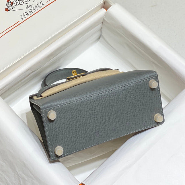 KELLY MINI 20 BAG IN SHARK GRAY CALFSKIN WITH GOLD HARDWARE