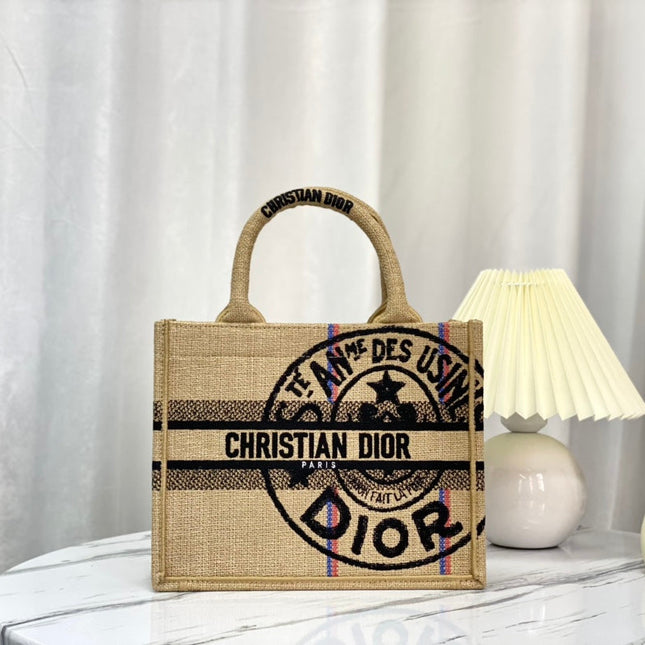 SHOPPING BAG 26 IN BEIGE AND BLACK EMBROIDERED CANVAS