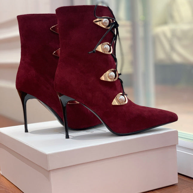 BALMAIN 26S BOOT 95 MM IN DARK RED SUEDE PEARL BUTTON