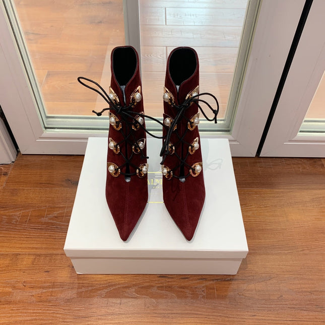BALMAIN 26S BOOT 95 MM IN DARK RED SUEDE PEARL BUTTON