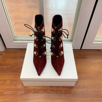 BALMAIN 26S BOOT 95 MM IN DARK RED SUEDE PEARL BUTTON