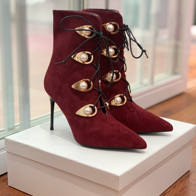 BALMAIN 26S BOOT 95 MM IN DARK RED SUEDE PEARL BUTTON