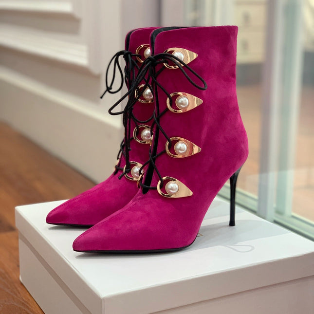 BALMAIN 26S BOOT 95 MM IN DARK PINK SUEDE PEARL BUTTON