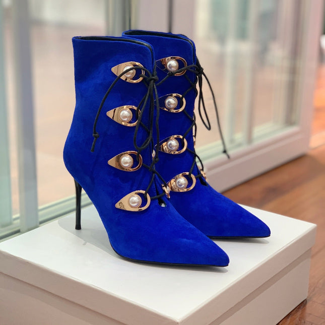 BALMAIN 26S BOOT 95 MM IN DARK BLUE SUEDE PEARL BUTTON