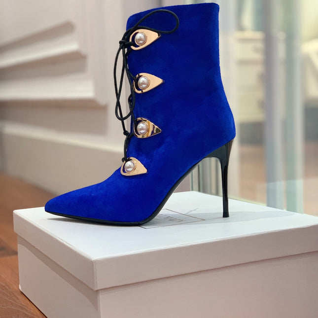 BALMAIN 26S BOOT 95 MM IN DARK BLUE SUEDE PEARL BUTTON