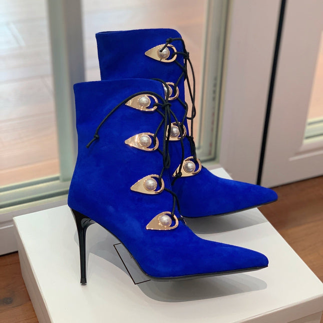 BALMAIN 26S BOOT 95 MM IN DARK BLUE SUEDE PEARL BUTTON