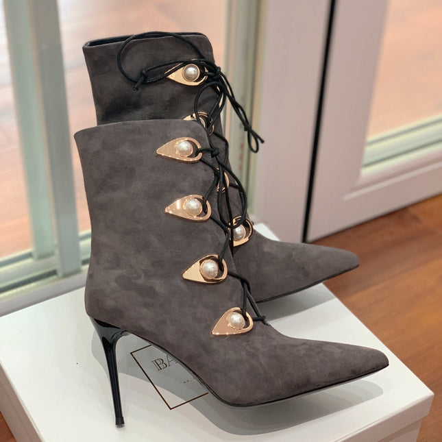 BALMAIN 26S BOOT 95 MM IN CHARCOAL GREY SUEDE PEARL BUTTON