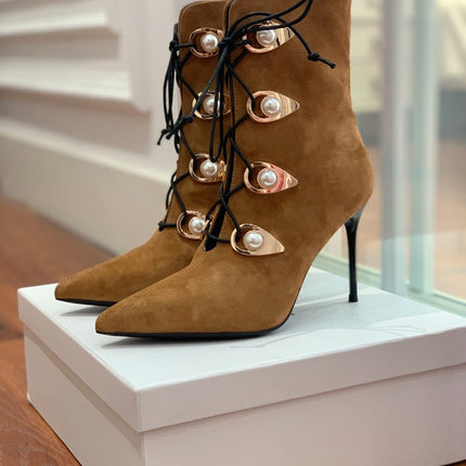 BALMAIN 26S BOOT 95 MM IN BROWN SUEDE PEARL BUTTON