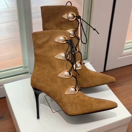 BALMAIN 26S BOOT 95 MM IN BROWN SUEDE PEARL BUTTON
