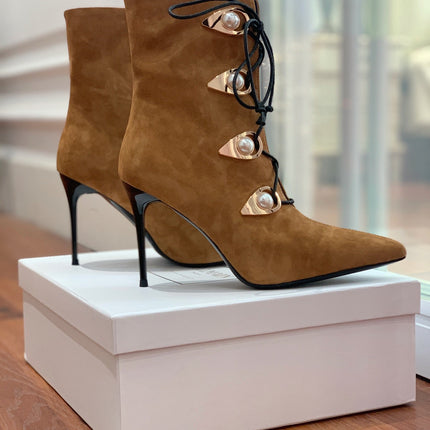 BALMAIN 26S BOOT 95 MM IN BROWN SUEDE PEARL BUTTON