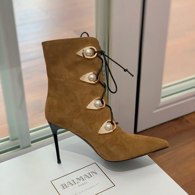 BALMAIN 26S BOOT 95 MM IN BROWN SUEDE PEARL BUTTON
