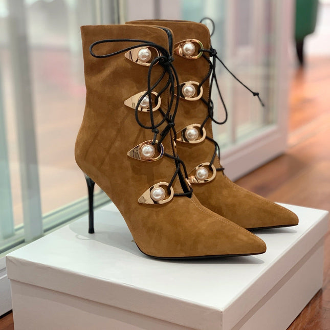BALMAIN 26S BOOT 95 MM IN BROWN SUEDE PEARL BUTTON