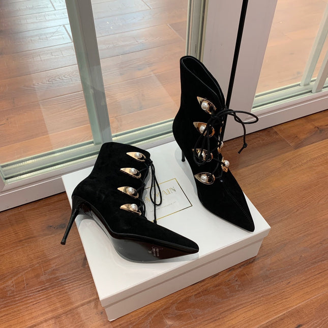 BALMAIN 26S BOOT 95 MM IN BLACK SUEDE PEARL BUTTON