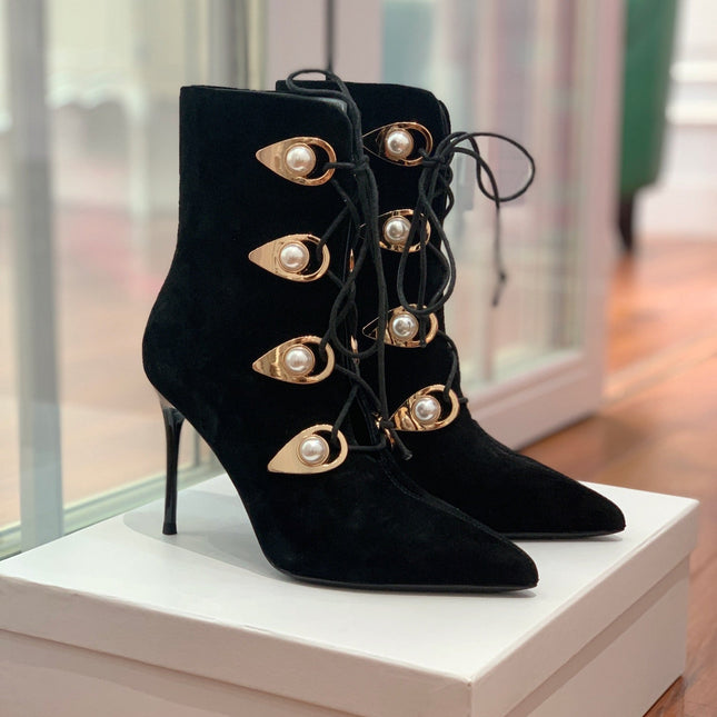 BALMAIN 26S BOOT 95 MM IN BLACK SUEDE PEARL BUTTON