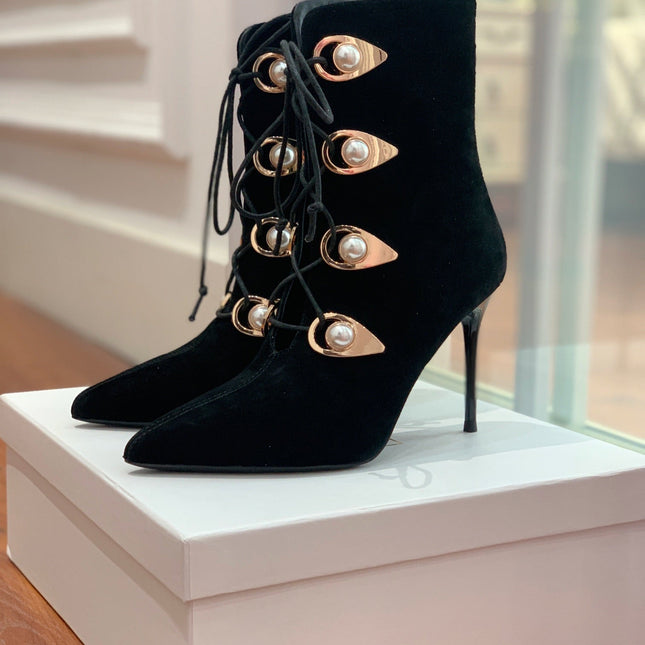 BALMAIN 26S BOOT 95 MM IN BLACK SUEDE PEARL BUTTON