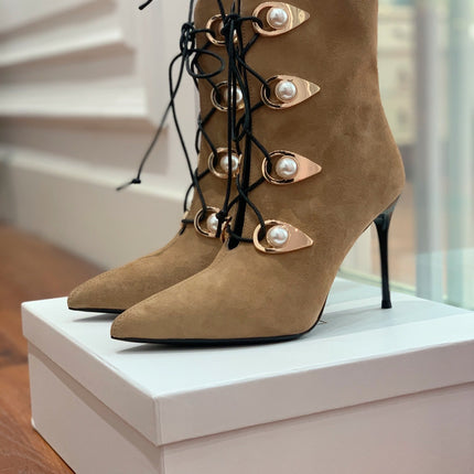 BALMAIN 26S BOOT 95 MM IN LIGHT BROWN SUEDE PEARL BUTTON