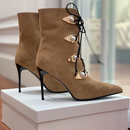 BALMAIN 26S BOOT 95 MM IN LIGHT BROWN SUEDE PEARL BUTTON