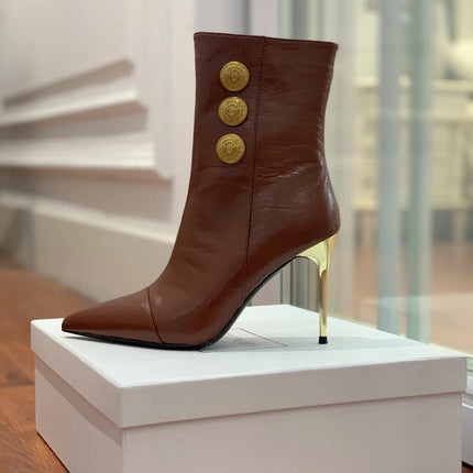 BALMAIN 26S BOOT 105 MM IN BROWN CALFSKIN WITH GOLD HARDWARE