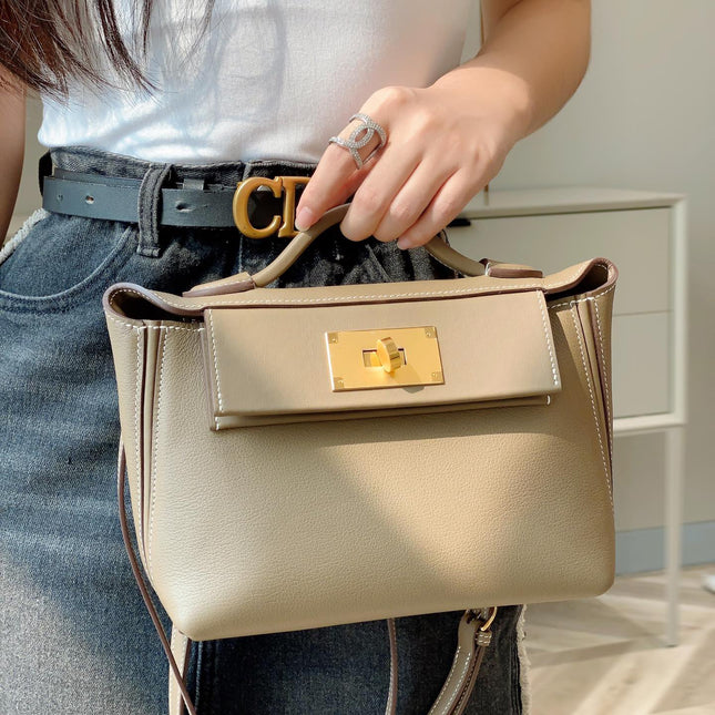 MINI 24/24 21CM IN TOGO ETOUPE EVERCOLOR CALFSKIN GOLD KELLY BUCKLE