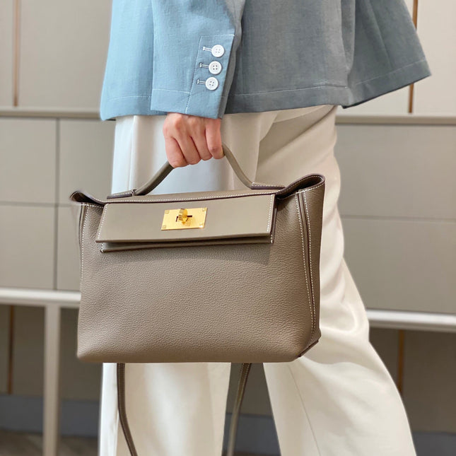 MINI 24/24 29CM IN TOGO ETOUPE EVERCOLOR CALFSKIN GOLD KELLY BUCKLE
