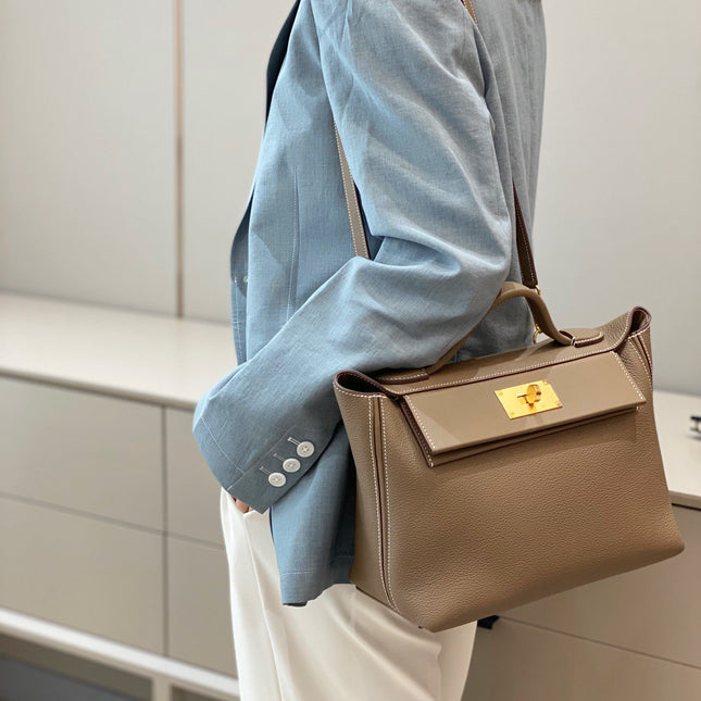 MINI 24/24 29CM IN TOGO ETOUPE EVERCOLOR CALFSKIN GOLD KELLY BUCKLE