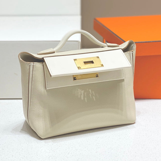MINI 24/24 21CM IN OFF WHITE EVERCOLOR CALFSKIN GOLD KELLY BUCKLE