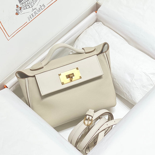 MINI 24/24 21CM IN OFF WHITE EVERCOLOR CALFSKIN GOLD KELLY BUCKLE